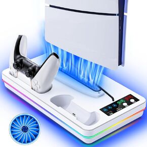 PS5/PS5 Slim Stand with Cooling Station, PS5 Cooling Stand with Dual Controller Charging Station for PlayStation 5 Disc & Digital Console, PS5 Accessory with 10 RGB Light, 3-Level Cooling Fan