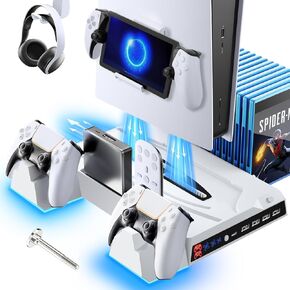 PS5/PS5 Slim Stand and Cooling Station Compatible with PS5 Console, PS5 Replacement Parts with Detachable and Controller Charging Station and 3 Levels Cooling Fan