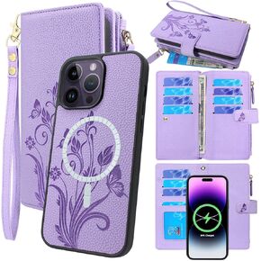 Lacass Compatible with MagSafe Case Wallet for iPhone 13 / iPhone 14 / iPhone 15, 2 in 1 Magnetic Detachable Leather Wallet Cover with Card Holder Zipper Wrist Strap Lanyard (Floral Wine Red)