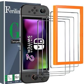 Ferilinso [Zero Bubble Install] 4 Pack Tempered Glass Screen Protector for Nintendo Switch 2 2025, with Alignment Frame, Travel Carrying Case Friendly Accessories, Screen Protector for Switch 2 8''