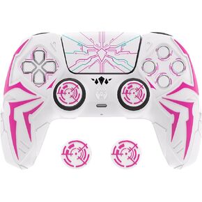 PlayVital Design for ps5 Controller Silicone Case with 2 Thumb Grips and 6 Sticker, Cyber Spider Design, Anti-Slip Shockproof Controller Cover Skin, Fits for Charging Dock, White & Pink