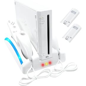Wii Console Game Organizer Station,Wii Remote Charger Wii Stand Base, 2 Pcs Rechargeable Battery Compatible with Nintendo Wii Console Nunchuk Kit