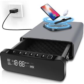 FTOP Biometric Fingerprint Gun Safe, Clock Handgun Safe with 3-in-1 Watch & Phone Wireless Charging, Drawer Lock for Hand guns, Cash, Valuables- with Humidity Reader|Temperature| Alarm Clock| Screen