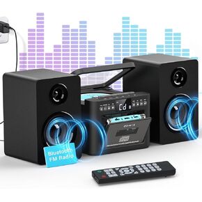 Greadio Stereo System for Home with Boombox CD and Cassette Player Combo, 40W Home Stereo System with Bluetooth, FM Radio/USB/TF/AUX/Remote Control, Detachable Wooden Bookshelf Speakers