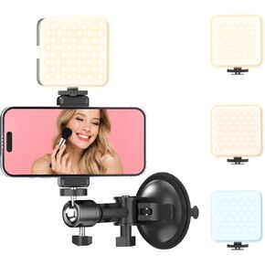 Suction Cup Mirror Phone Holder with Rechargeable Light, Versatile Wall Phone Mount for Content Creator, Mirror Tripod for Car Bathroom All Smooth Surface