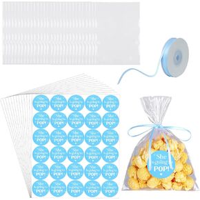AIOMOB 100 Set Pink She is Going to Pop Popcorn Bags Baby Shower Favor Labels with Clear Cellophane Bags and Ribbon Popcorn Bags for Gift Wrapping, Food Storage, Baby Shower Decorations