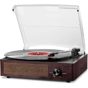 Vinyl Record Player Bluetooth Belt-DriveTurntable with Built-in Speakers, RCA Line Out AUX in Headphone Jack,3-Speed,Brown
