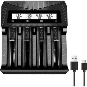 WAVYPO 18650 Battery Charger, 4 Bay Smart Universal Charger LCD Display Quick Charge for 18650 26650 21700 32650 16340 14500 18500 AA AAA(Charger Only)