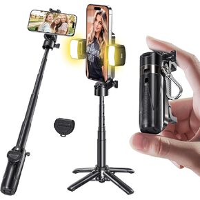 MAGIC JOHN Phone Tripod, Portable Selfie Stick, Pocket Size Selfie Stick for iphone, Selfie Stick with Wireless Detachable Remote Control & 2 Fill Light for Photograph, Live Streaming, Video Recording