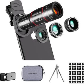 Phone Camera Lens Kit Upgraded Version Telephoto 28X Wide Angle 0.6X Macro 20X Fisheye 198° for Most Smartphones (Black)