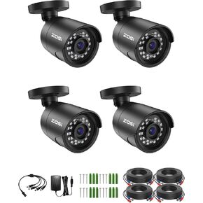 ZOSI 4 x 2MP 1080p Home Security Camera Outdoor Indoor, 1920TVL HD CCTV Bullet Camera, 100ft Night Vision, 90° Wide Angle, IP66 Weatherproof Surveillance Camera with 24 LEDs (Black Color)