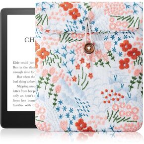 Embroidered Daisy Floral Kindle Sleeve - Compatible with Paperwhite (6''/6.8''), Oasis (7'') - Padded E-Reader Cover (6.7 inches Wide x 7.9 inches Tall)