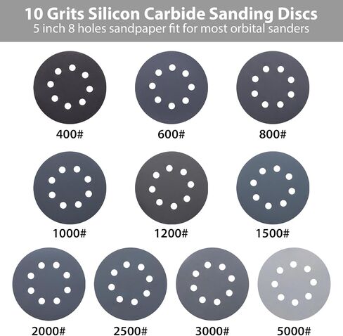 50 Pcs 5" Wet and Dry Sanding Discs Hook and Loop, 5 Inch 8 Holes Silicon Carbide Sanding Discs, 3000/4000/5000/7000/10000 Grit Orbital Sander Sandpaper Assortment in Saudi Arabia