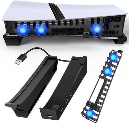 FastsNail Fanizontal Stand & Cooling Fan لـ PS5 Pro/Slim Console ، سرعة مروحة السيارات عن طريق درجة الحرارة ومحطة شاحن وحدة التحكم ، نظام تبريد فعال مع 3 مراوح و 2 USB 3.0 و 3 USB 2.0 HUB in Kuwait