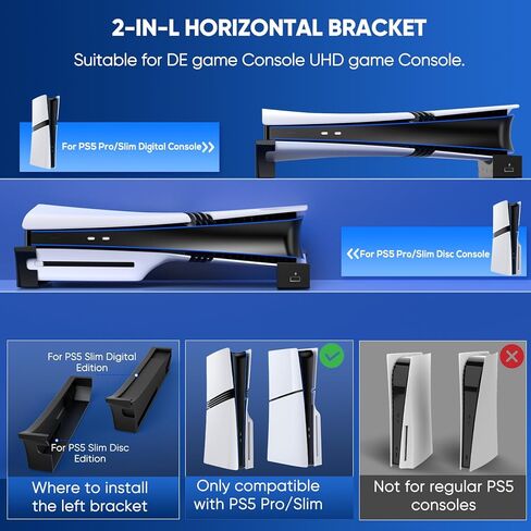 FastsNail Fanizontal Stand & Cooling Fan لـ PS5 Pro/Slim Console ، سرعة مروحة السيارات عن طريق درجة الحرارة ومحطة شاحن وحدة التحكم ، نظام تبريد فعال مع 3 مراوح و 2 USB 3.0 و 3 USB 2.0 HUB in Kuwait