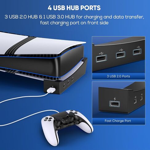 FastsNail Fanizontal Stand & Cooling Fan لـ PS5 Pro/Slim Console ، سرعة مروحة السيارات عن طريق درجة الحرارة ومحطة شاحن وحدة التحكم ، نظام تبريد فعال مع 3 مراوح و 2 USB 3.0 و 3 USB 2.0 HUB in Kuwait