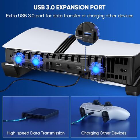 FastsNail Fanizontal Stand & Cooling Fan لـ PS5 Pro/Slim Console ، سرعة مروحة السيارات عن طريق درجة الحرارة ومحطة شاحن وحدة التحكم ، نظام تبريد فعال مع 3 مراوح و 2 USB 3.0 و 3 USB 2.0 HUB in Kuwait