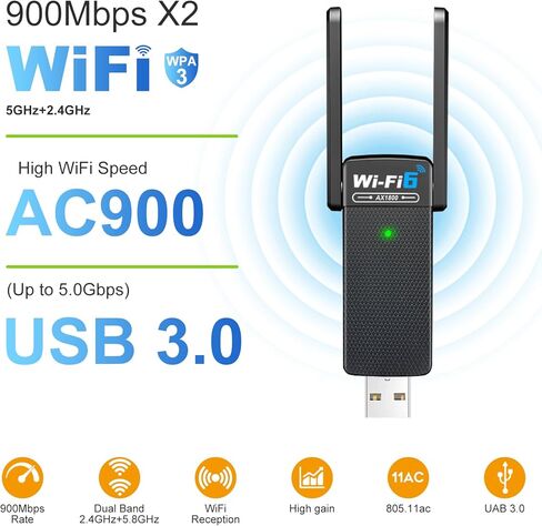 محول WiFi6 USB WIFI6 اللاسلكي للكمبيوتر الشخصي 3DBI هوائي 5G/2.4G محول WIFI لأجهزة الكمبيوتر المحمولة سطح المكتب Windows11/10/7 ، محول لاسلكي لمحول شبكة كمبيوتر سطح المكتب in Kuwait