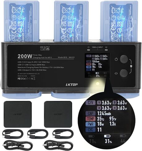 200W AIR 3/AIR 3S Charger Charger Kit (2.5x FAST) لـ DJI/Specta AIR3 Series Charging Hub مع محول طاقة USB-C من 2PCS 100W ، تخزين/تجميع متوسط ​​الكهرباء/LED/الإنذار ، شاشة LED in Kuwait
