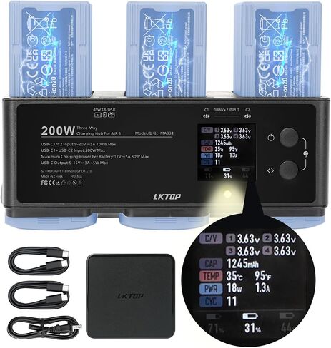 200W AIR 3/AIR 3S Charger Charger Kit (2.5x FAST) لـ DJI/Specta AIR3 Series Charging Hub مع محول طاقة USB-C من 2PCS 100W ، تخزين/تجميع متوسط ​​الكهرباء/LED/الإنذار ، شاشة LED in Kuwait