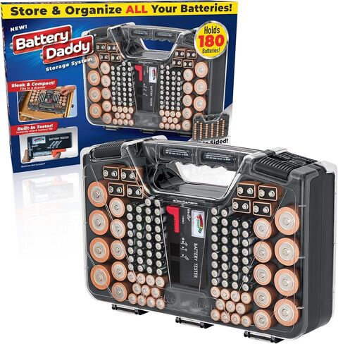 Ontel Battery Daddy Storage & Organizer Case with Tester, Stores & Protects Up to 180 Batteries, Double-Sided, Durable Design W/Clear Locking Lid, Secure Latches & Portable Carrying Handle - Charcoal in Saudi Arabia