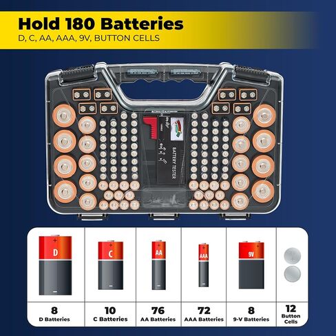 Ontel Battery Daddy Storage & Organizer Case with Tester, Stores & Protects Up to 180 Batteries, Double-Sided, Durable Design W/Clear Locking Lid, Secure Latches & Portable Carrying Handle - Charcoal in Saudi Arabia