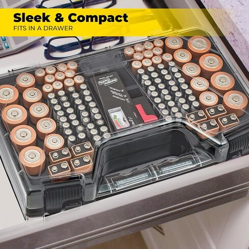 Ontel Battery Daddy Storage & Organizer Case with Tester, Stores & Protects Up to 180 Batteries, Double-Sided, Durable Design W/Clear Locking Lid, Secure Latches & Portable Carrying Handle - Charcoal in Saudi Arabia