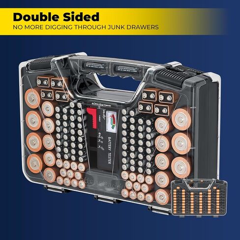 Ontel Battery Daddy Storage & Organizer Case with Tester, Stores & Protects Up to 180 Batteries, Double-Sided, Durable Design W/Clear Locking Lid, Secure Latches & Portable Carrying Handle - Charcoal in Saudi Arabia