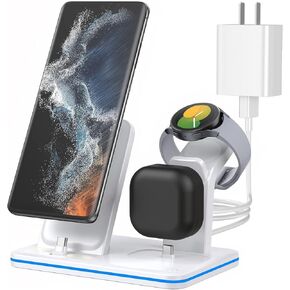 Charging Station for Samsung Multiple Devices, 3 in 1 Super Fast Charging Dock, Wireless Charger for Samsung Galaxy Watch 5/4/3, Galaxy S25/S24/S23/S22/21/20,Note20/10/Z Fold/Flip 5/4,USB-C Buds
