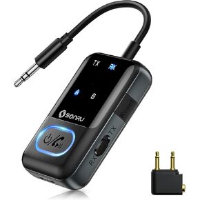 Bluetooth 5.3 Transmitter Adapter for Airplane 2-in-1 Wireless Bluetooth Audio Transmitter Receiver for 3.5mm Aux Jacks on Flight/TV/Gym Equipment, for up to 2 Wireless Headphones, Cell Phones