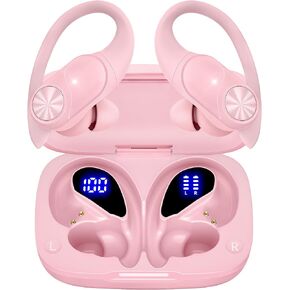 PocBuds Bluetooth Headphones Wireless Earbuds 80hrs Playtime Wireless Charging Case Digital Display Sports Ear Buds with Earhook Deep Bass IPX7 Waterproof Over-Ear Earphones for TV Phone Laptop Black