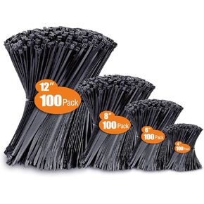 Zip Ties Assorted Sizes(4"+6"+8"+12"), 400 Pack, Black Cable Ties, UV Resistant Wire Ties by ANOSON