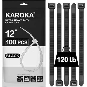 Zip Ties 12 inch Heavy Duty Zip Ties with 120 Pounds Tensile Strength, Black Cable Ties, 100 Pieces,by Karoka