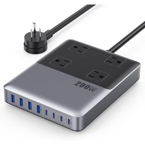 12-in-1 Charging Station USB C Power Strip with 5ft Cord and Plug,200W GaN IV USB C Charger Block,4 AC Outlets,4 USB-A,4 USB-C for MacBook,iPhone 16/15/14,Fast Charging Desktop Charger for Office,Home