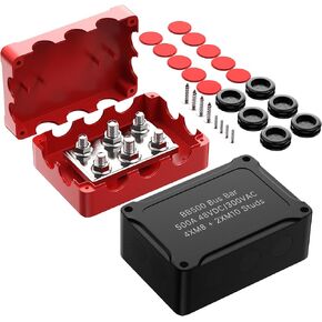 Joinfworld Heavy Duty 500A Bus Bar Waterproof Power Distribution Block with 4*5/16"(M8)+2*3/8"(M10) Studs 48V DC Automotive Marine Battery Terminal Distribution Block with Cover - Negative&Positive