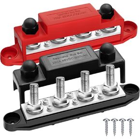 250A 12V Bus Bar Marine Power Distribution Block with Cover with 4 x 3/8"Post 6 x #8 Screws Terminals,Battery Bus Bar (Pair,Red & Black),Automotive Busbars 12 Volt for Car Boat Solar Wiring