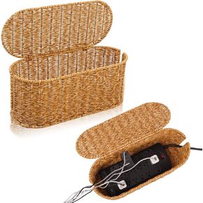 Cable Management Box, Handmade Rattan Cable Organizer, 2 Open Slots Cords Hider Box, Under Desk Cord Organizer for Computer Router USB Hub & Power Strip, Patent Pending, 13" x 5.1" x 5.1", Natural