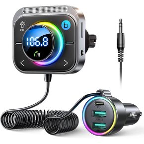 Joyroom 66W Bluetooth 5.4 محول سيارة AUX مع 3 منافذ شحن 【PD 30W و 2 * و 18W 】【 تثبيت تنفيس الهواء من أجل آمنة】 العميق Hifi Bass Player Wireless Radio FM للسيارة مع ضوء LED ملون