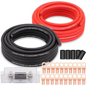 4 Gauge Wire Copper Clad Aluminium CCA 50ft Black/Red with 4GA Lugs ، 100A ANL Fuse Holder وأنبوب تقلص الحرارة - كابل طاقة/أرضية ، مكبر صوت صوت ، RV Trailer AMP الأسلاك