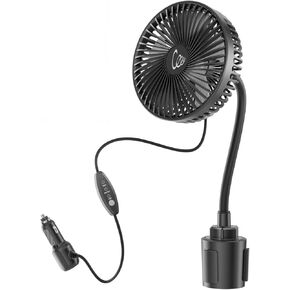 12V Car fan, Portable Vehicle Cooling Fan for Front Seat, Mounted in Cup Holder, 360° Rotation, 3 Speeds Quiet, 7 inch Car Accessories for Dog/SUV/RV/Truck/Van, Cigarette Lighter Powered