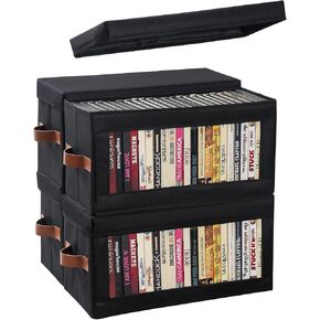 4 Packs DVD Storage Box with Visible Window, Dustproof DVD Case Holder Organizer with Lid and Handles, Holds Up to 104 Cases, CD Holder for Blu-ray & CD Storage-15.75 x 8.07 x 6.10 In