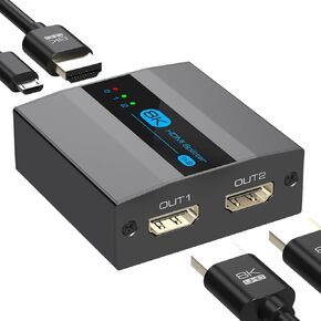 8K HDMI Splitter 1 in 2 Out 1x2 HDMI 2.1 Splitter for Dual Monitors Support EDID Copy and Auto EDID, HDCP 2.3 for Laptops, PCs, TV Boxes, DVD Players, PS5/PS4/PS3