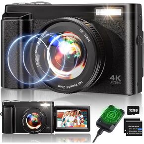4K Digital Camera for Photography, 48MP Auto-Focus Vlogging Camera for YouTube, 16X Digital Zoom/ 3" 180° Flip Screen/Anti Shake/Flash with SD Card, Compact HD Camera (2 Batteries & Battery Charger)