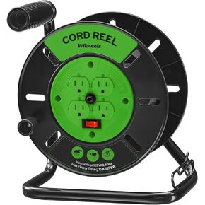 Extension Cord Storage Reel with 4-Grounded Outlets, 15A Circuit Breaker, Heavy Duty Open Cord Reel for 12/3,14/3,16/3 Gauge Power Cord, Hand Wind Retractable, ETL Listed, Yellow Y95CR06