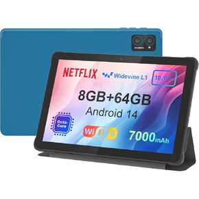 10 inch Android 14 Tablet: 8GB+64GB+1TB Expandable, Widevine L1 Netflix Certified, 8-Core CPU A523 Android Tablet, 7000mAh Battery, OTG Face Recognition Metal Body + Stand Case