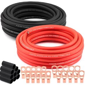 8 Gauge Wire (25ft Each - Red/Black) Copper Clad Aluminum CCA - Primary Automotive Wire,Car Amplifier Power & Ground Cable, 20PCS Lugs Terminal Connectors,60A ANL Fuse Block and Heat Shrink Tubing