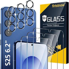 3 Pack Glass Screen Protector for Samsung Galaxy S25 [6.2 inch] + 3 Pack Camera Lens Protector, 9H Tempered Glass, Fingerprint Unlock, HD Clear Case Friendly Anti-Scratch