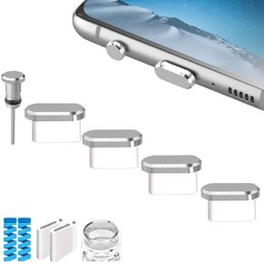 USB C Anti Dust Plugs Type C Charging Port Cover Protector Caps 4 PCS with 2 Spiral Cord Savers Compatible with iPhone 16/15 Plus Pro Max Samsung Galaxy S25/S24/S23/S22 Ultra Pixel 9 (Silver)