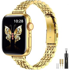 Miohhr Slim Metal Band متوافق مع Apple Watch Band 42mm (سلسلة 10) 41 مم 40 مم 38 مم ، حزام سلسلة من الفولاذ المقاوم للصدأ الأنيق للنساء سلسلة Iwatch سلسلة 9 8 7 6 5 4 3 2 1 SE ، Silver/Gold
