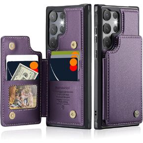 بالنسبة إلى Samsung Galaxy S23 Ultra Wallet Case مع حامل البطاقة ، مع حجب فتحات بطاقة RFID PU CARTHAND CATTAND للنساء ، ومشابك مغناطيسي مزدوج وغطاء متين للصدمات ، والأرجواني ، والأرجواني